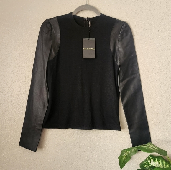 Balenciaga Leather Black Long Sleeve Contemporary Lamb Virgin Wool Top 36 - Picture 1 of 14